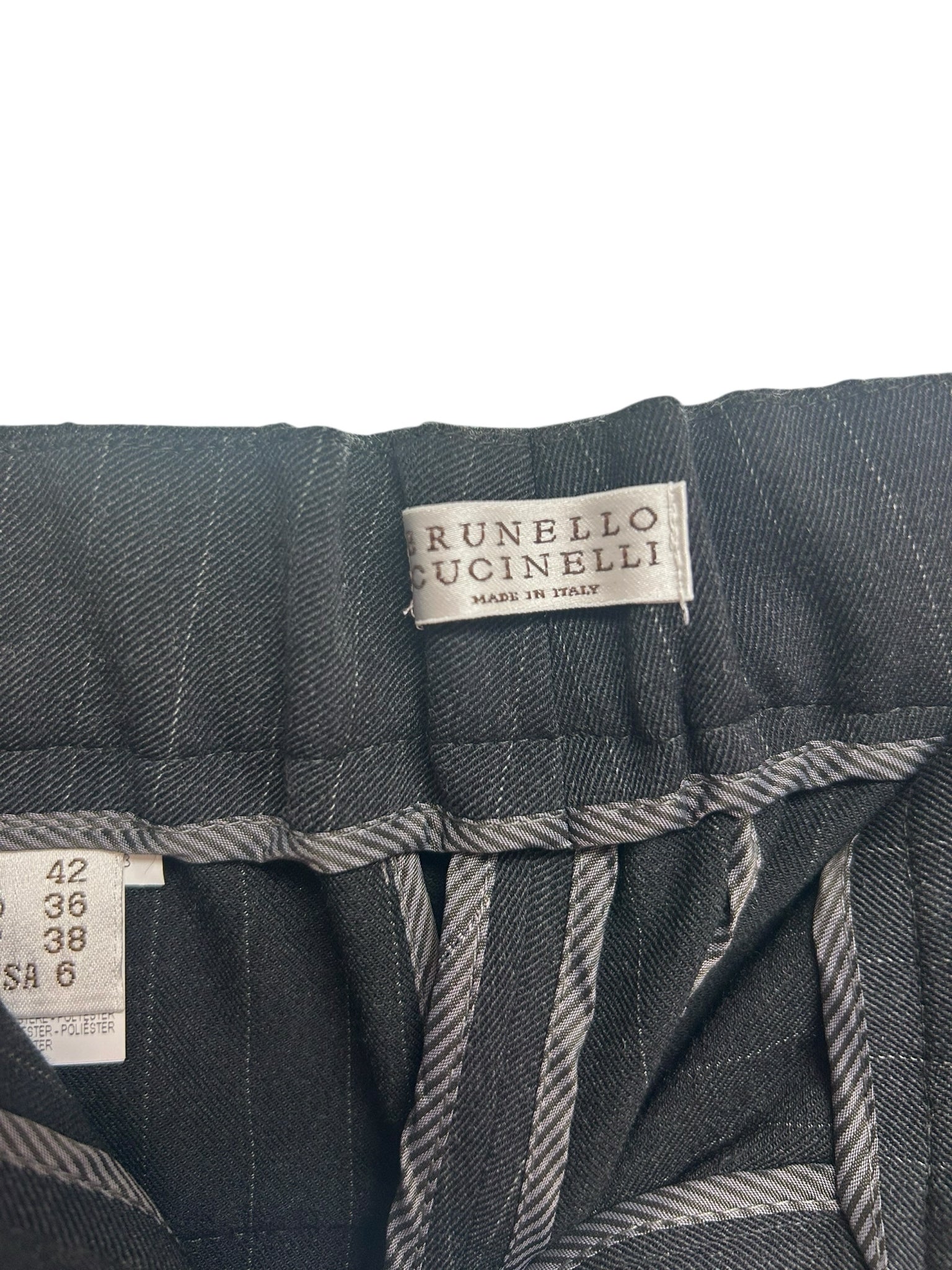 BRUNELLO CUCINELLI WOMEN'S ITALIAN WOOL BLEND CHARCOAL PIN STRIPED TROUSERS