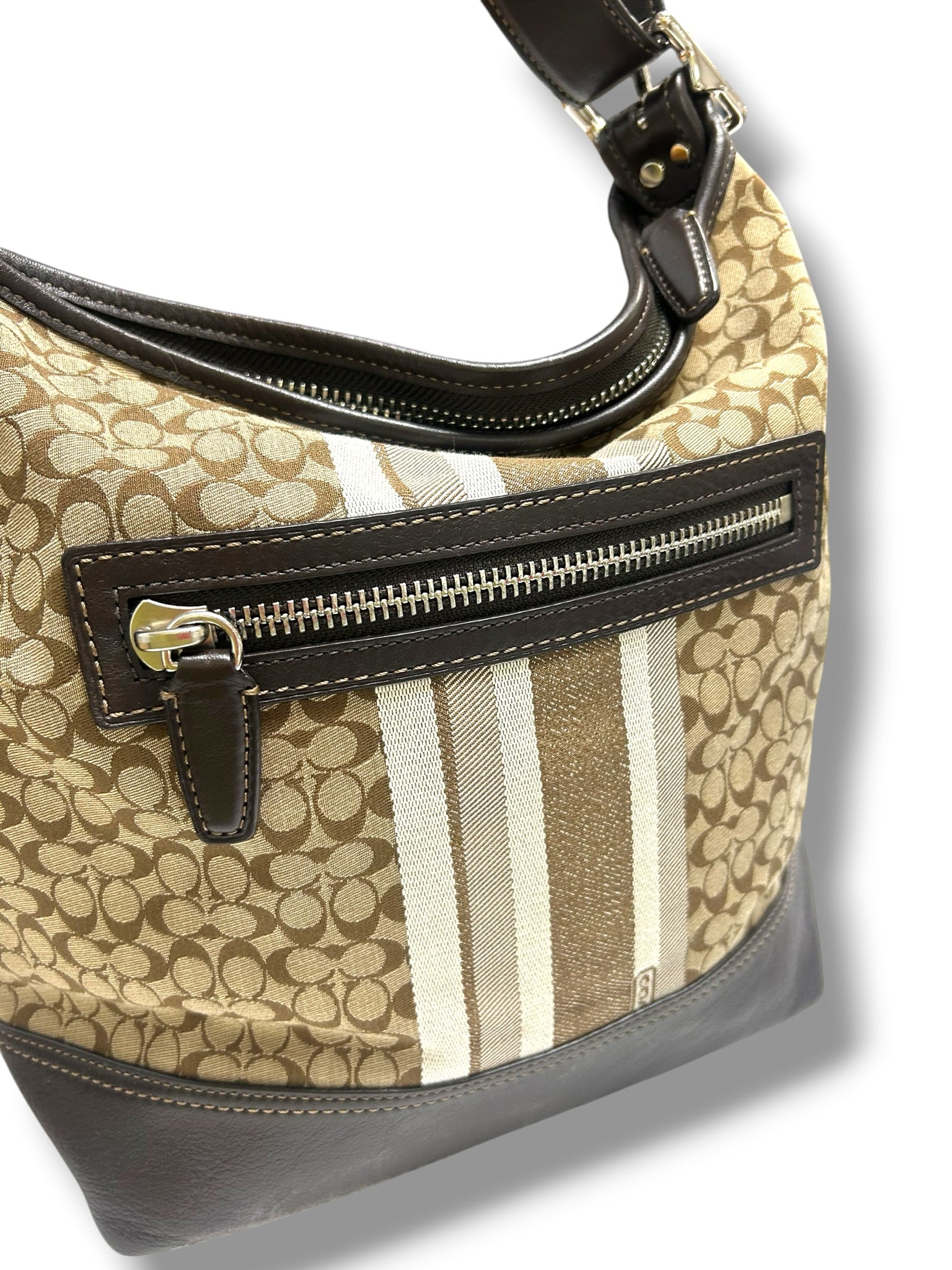 COACH LEGACY SIGNATURE STRIPE SHOULDER BROWN LOGO PRINT PURSE 19918P