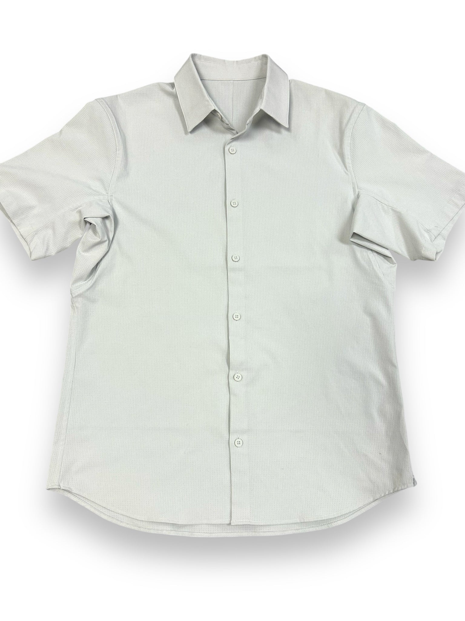 LULULEMON MEN'S AIRING EASY SHORT SLEEVE BUTTON DOWN SHIRT STONE SIZE MEDIUM