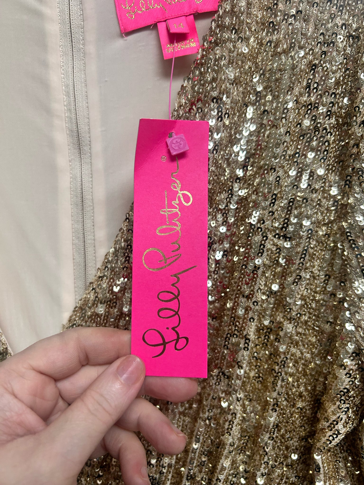 LILLY PULITZER NWT REAGAN LS GOLD SEQUIN MINI BALLOON SLEEVE DRESS SIZE 14