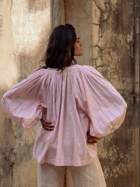 DAUGHTERS OF INDIA POET PEASANT BLOUSE PINK SORBET STRIPED SIZE XXL