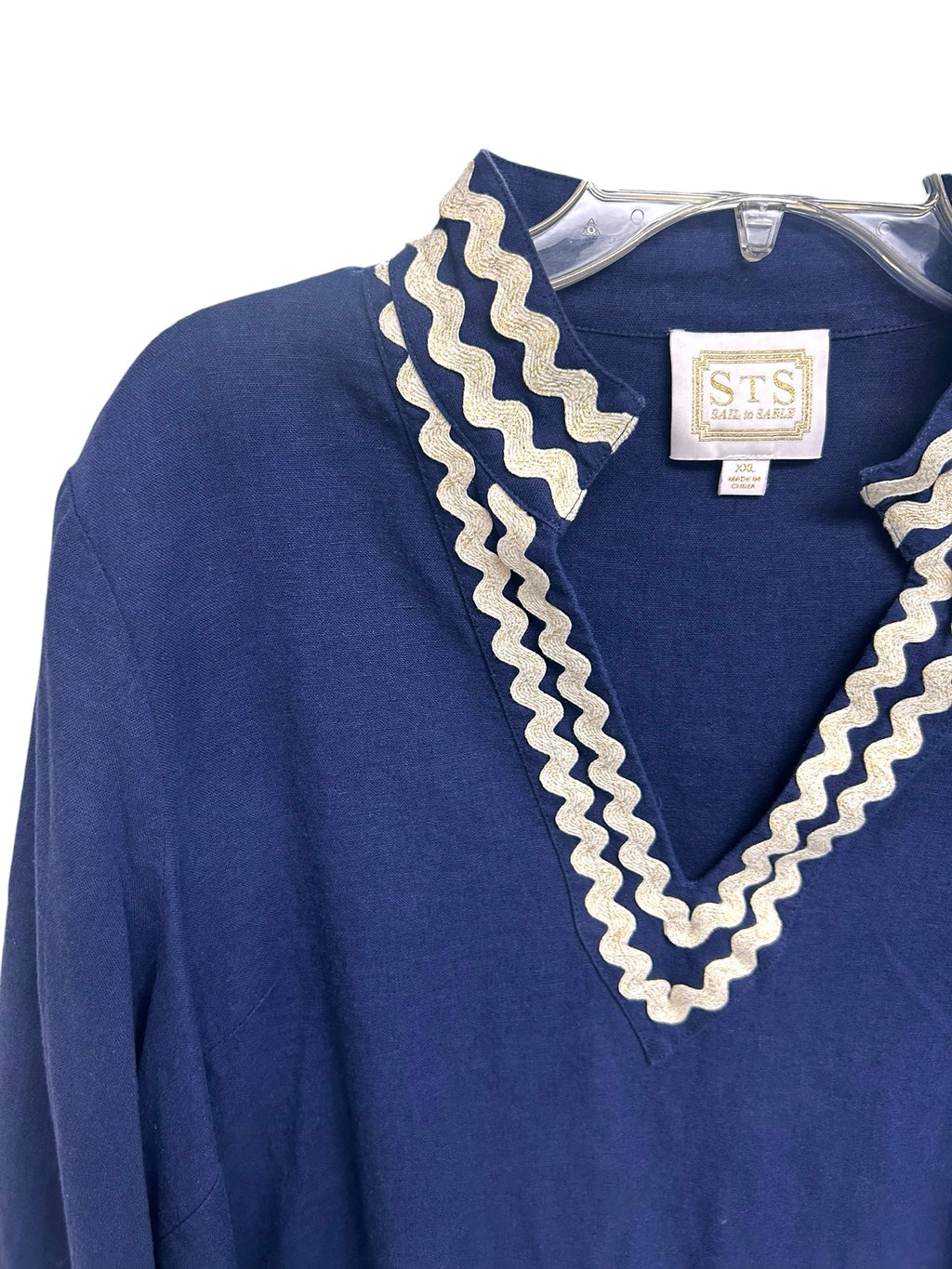 SAIL TO SABLE NAVY LINEN RICRACK TRIM V NECK BLOUSE SIZE XXL