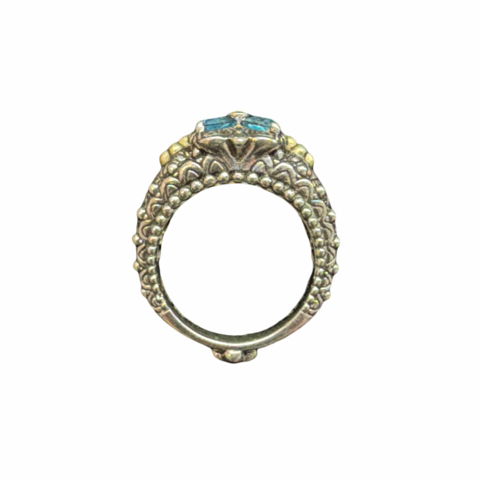 BARBARA BIXBY BLUE TOPAZ STERLING & YELLOW GOLD FLOWER RING SIZE 8