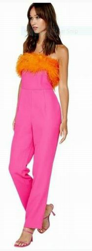 NWT NASY GAL BANDEAU FEATHER TRIM PINK ORANGE JUMPSUIT SIZE 6