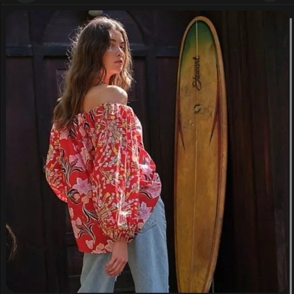 FREE PEOPLE SUMMER FLORAL GARDENIA RED PRINT TUNIC TOP SIZE LARGE