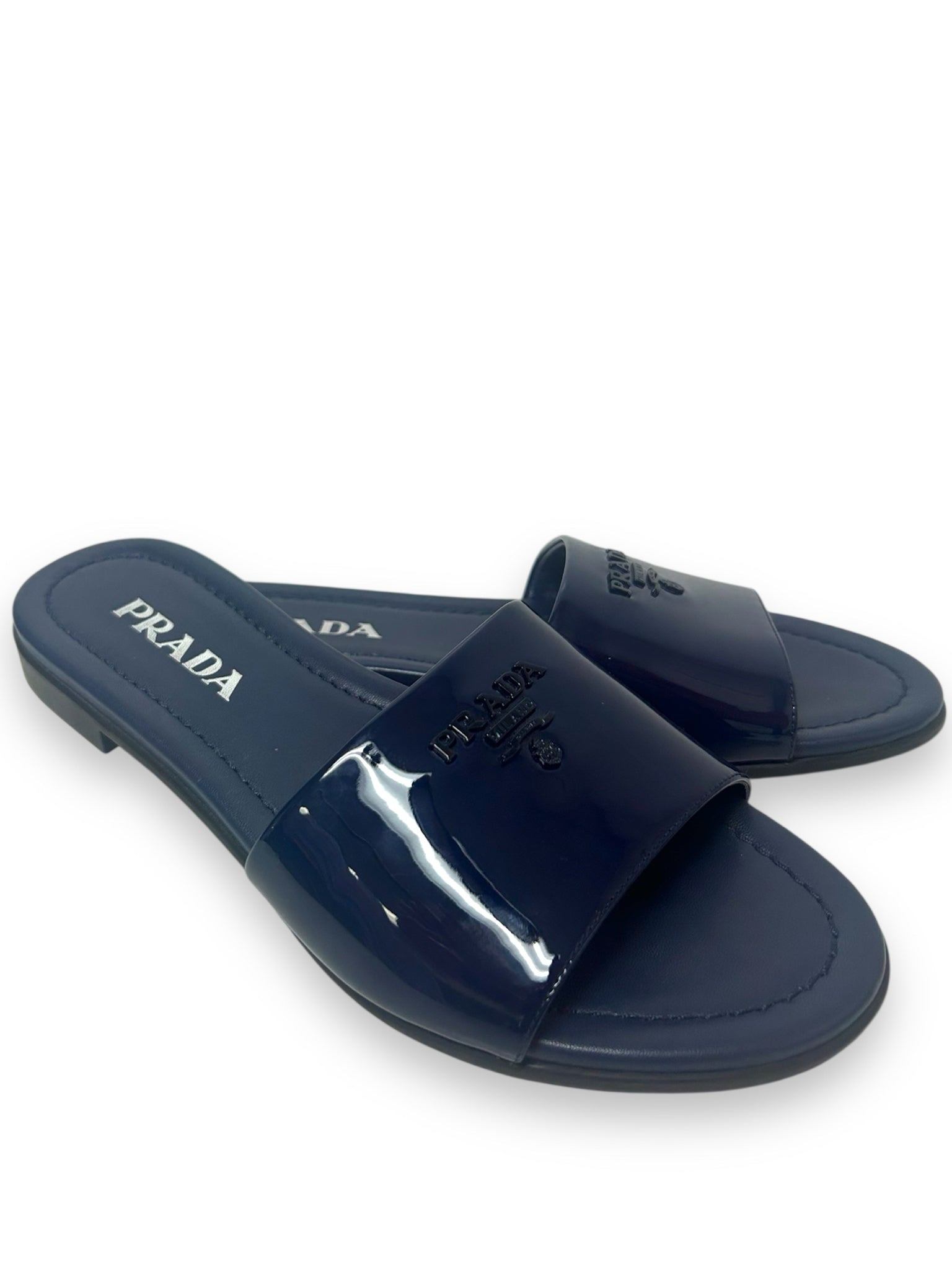 PRADA NAVY PATENT LEATHER LOGO SLIDES SIZE 9