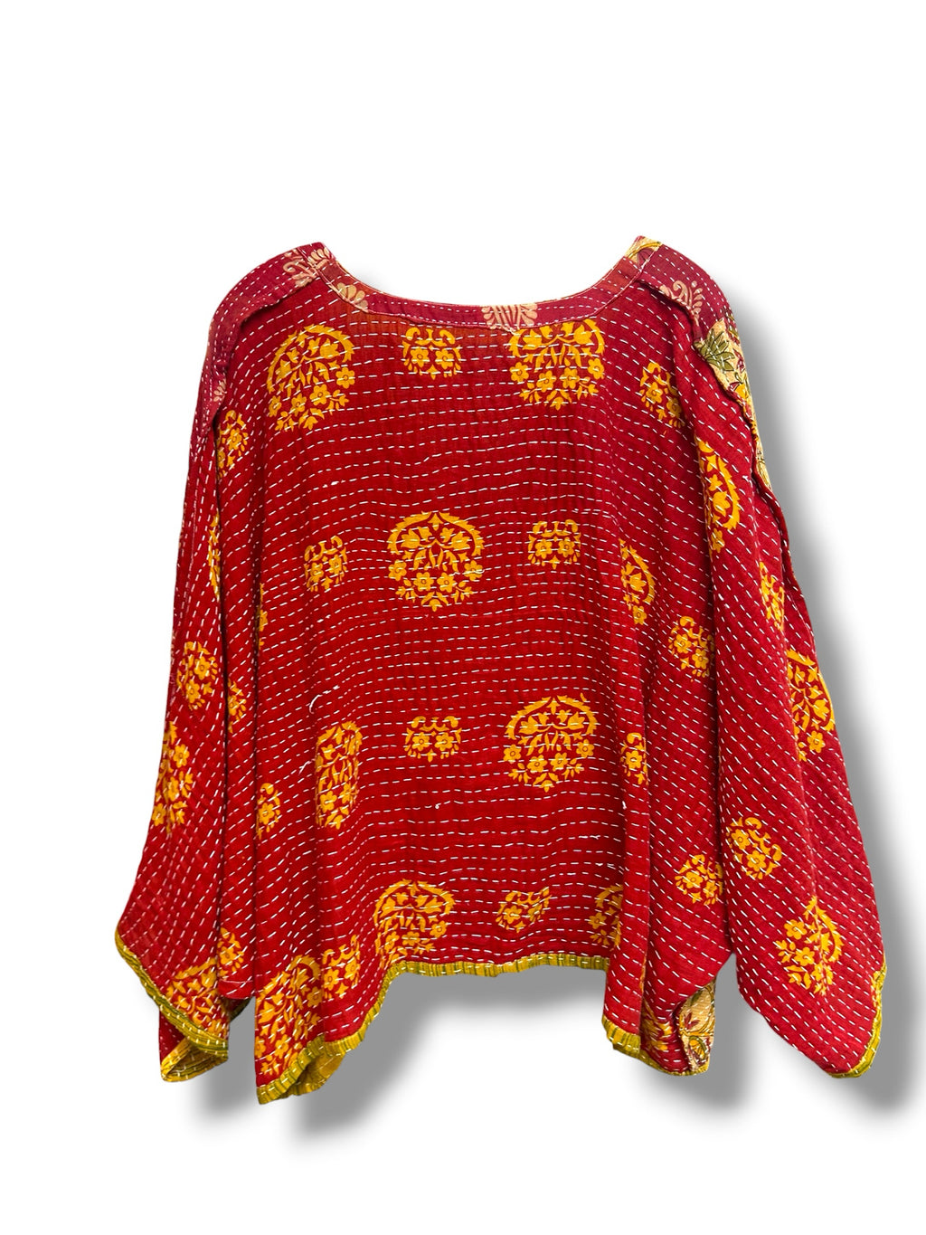 KANTHA BAE COTTON SARI FABRIC BUTTERFLY TOP RED YELLOW FREE SIZE