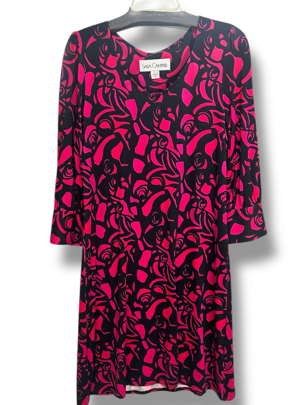 SARA CAMPBELL RUE MIDI PINK BLACK 3/4 V NECK DRESS SIZE LARGE
