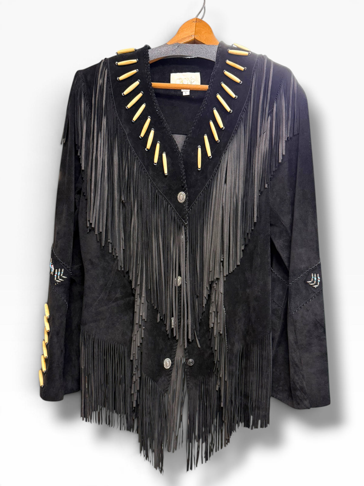 VINTAGE CACHE SUEDE LEATHER NAVAJO BEADED FRINGE BLACK JACKET SIZE 6