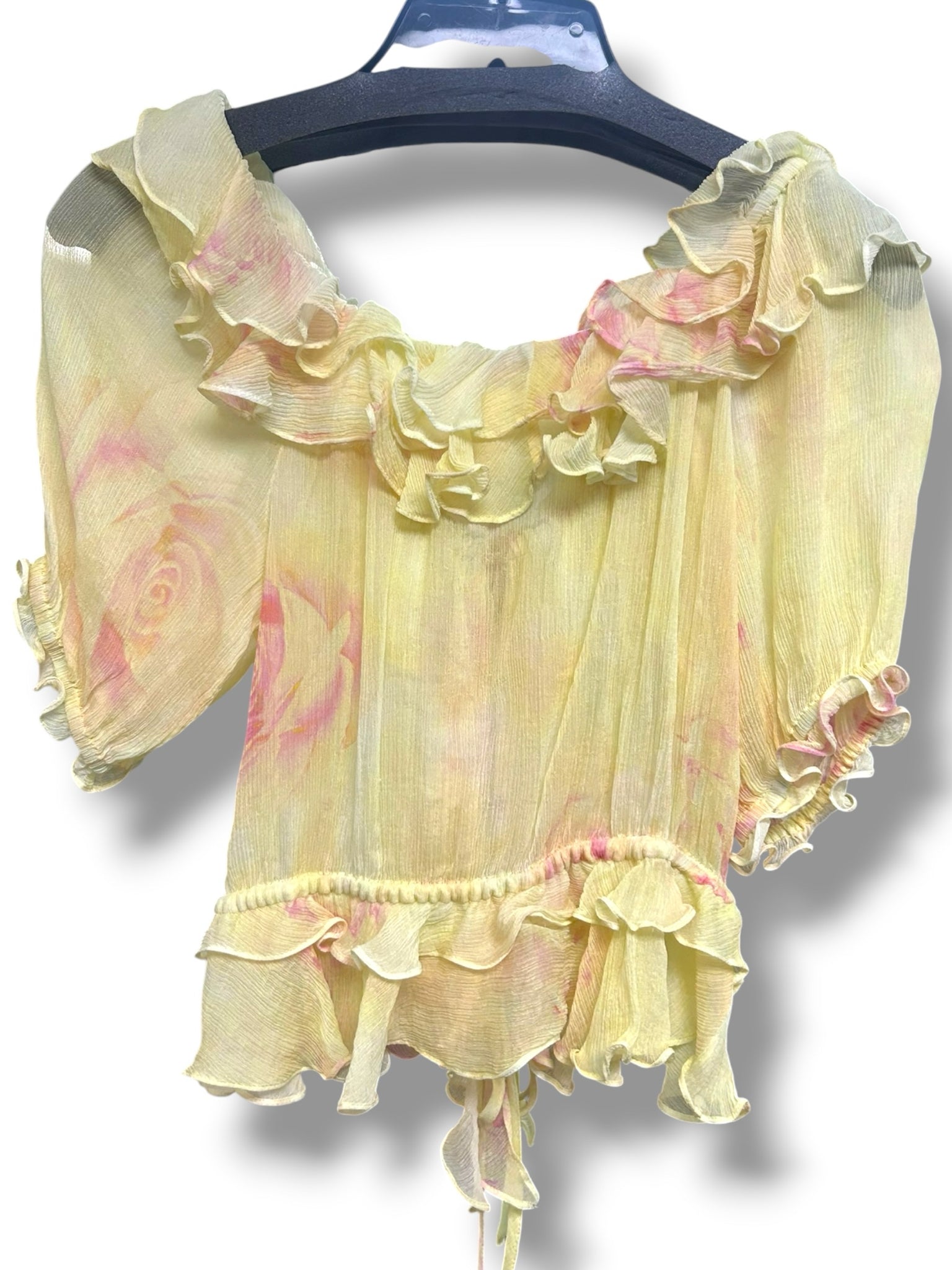 LOVE SHACK FANCY SHEER RUFFLE ALDER SILK BLOUSE YELLOW PINK SIZE XS