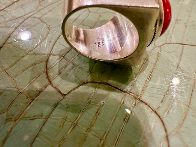 EXEX CLAUDIA AGUDELO STERLING SILVER CORAL CABOCHON WIDE STATEMENT RING 9