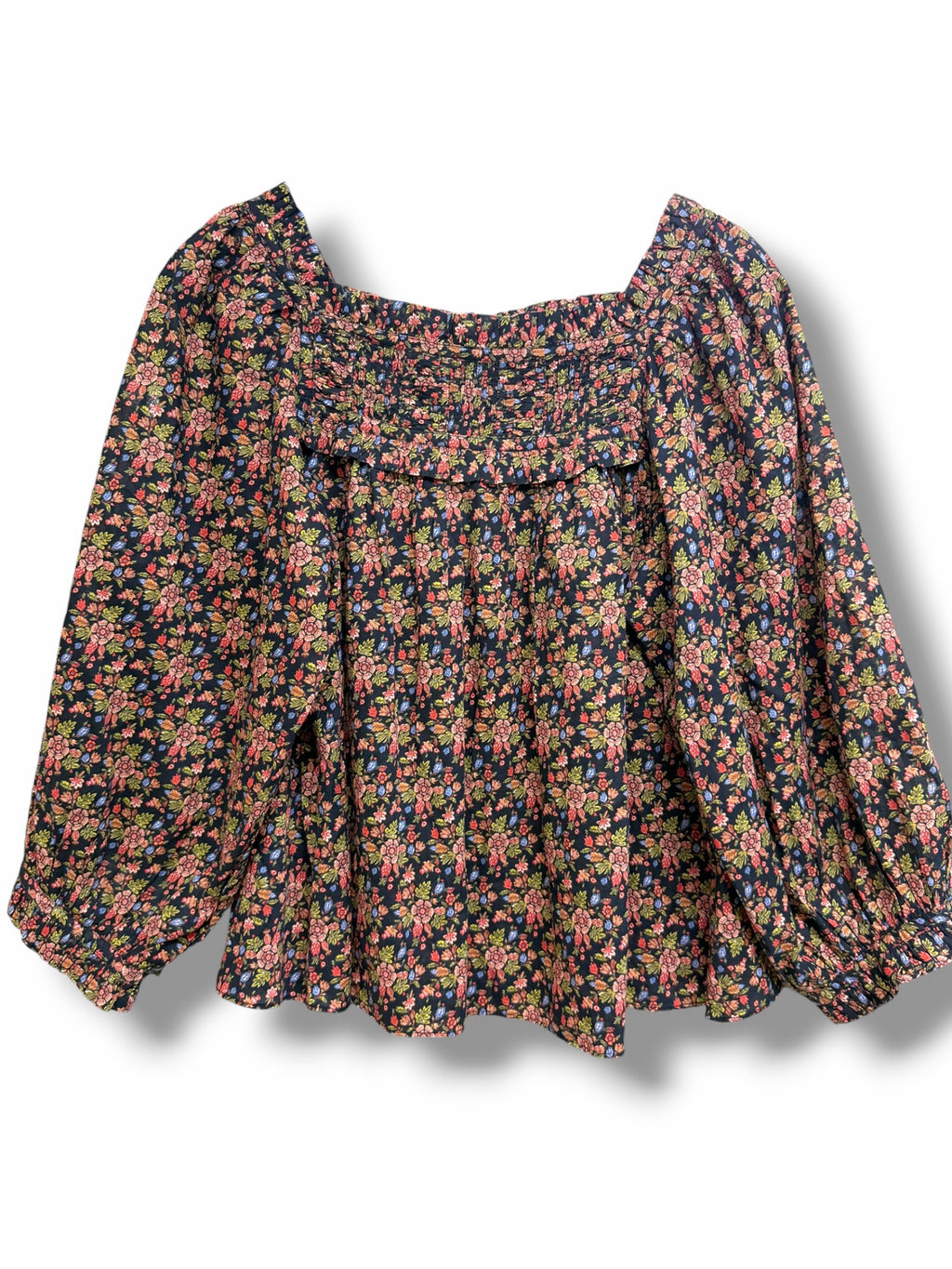 WOMEN'S DOEN ORGANIC COTTON AGATHA SMOCKED PEASANT BLOUSE SIZE XS
