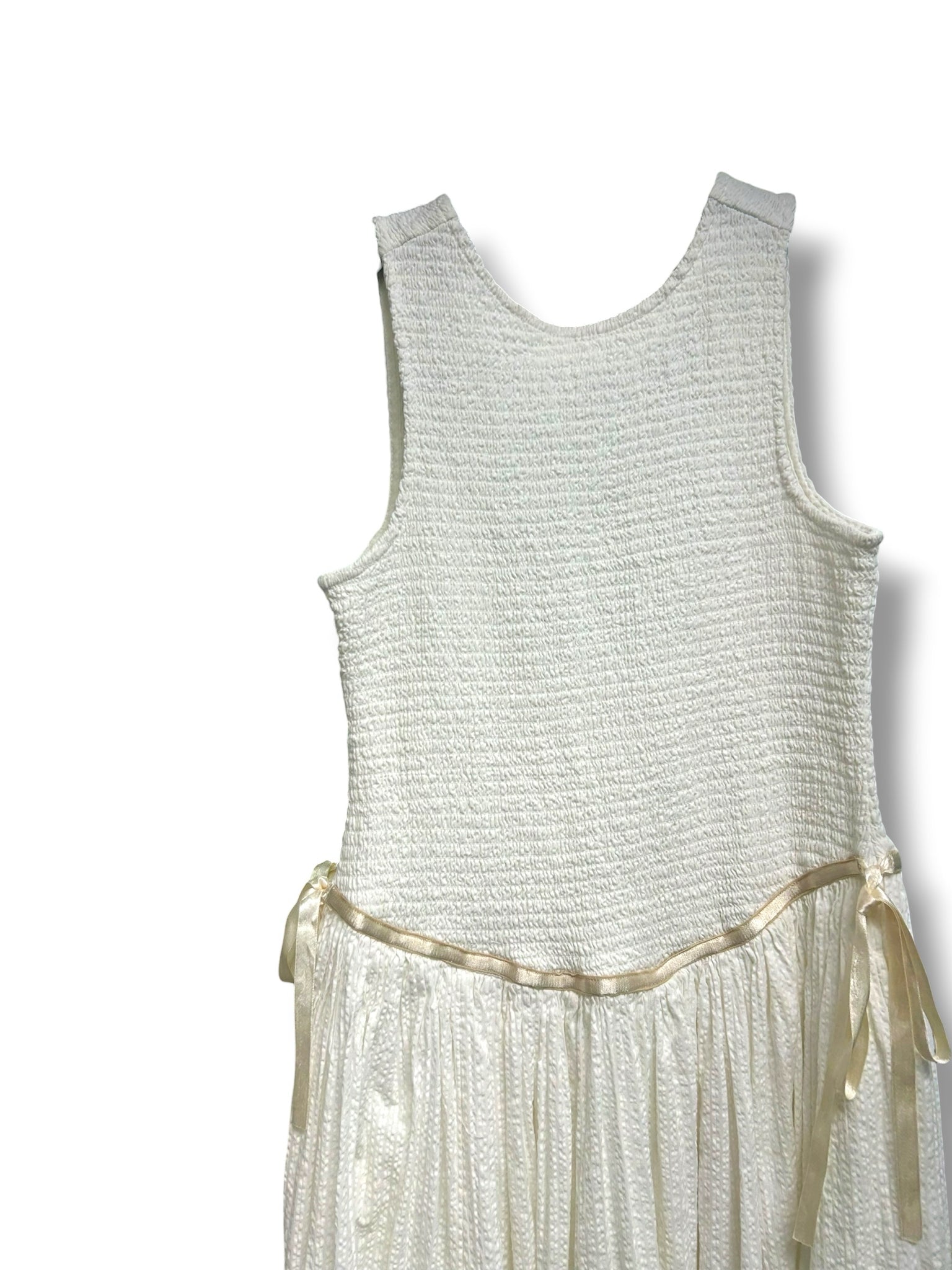 FREE PEOPLE SMOCKED SEERSUCKER NIGHTINGALE MIDI WHITE DRESS SIZE SMALL