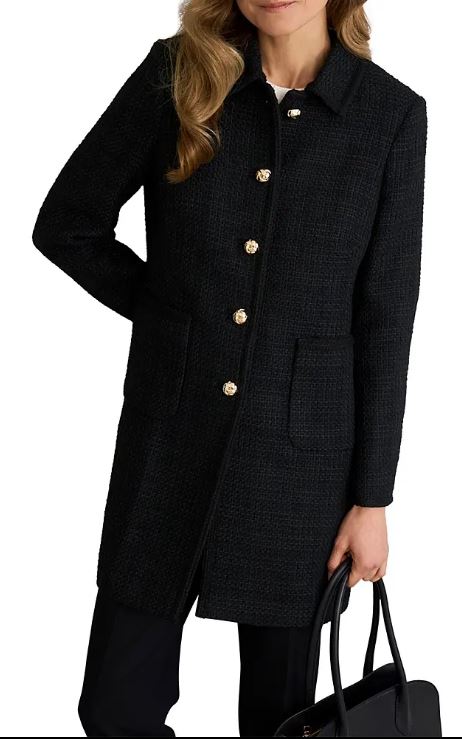 HOBBS LONDON EVANGELINE TWEED BLACK CAR COAT SIZE 12