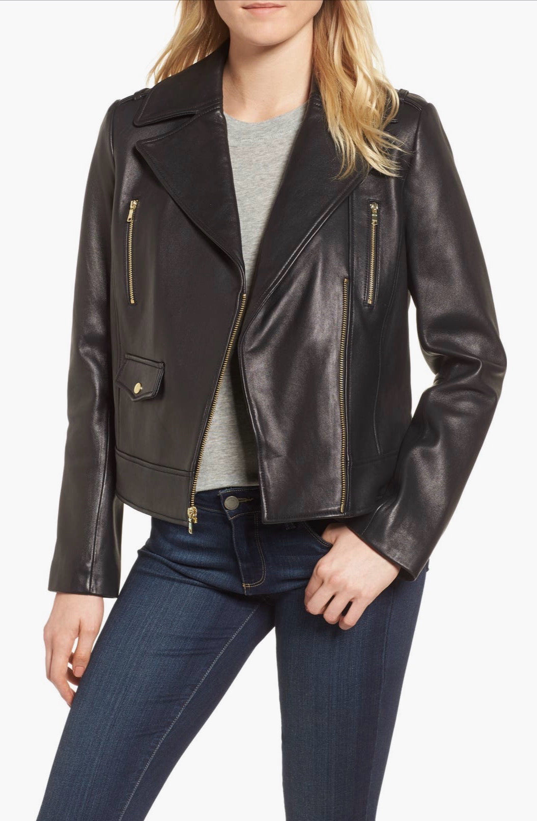 COLE HAAN WOMEN'S LAMB LEATHER BLACK MOTO ZIP UP JACKET SIZE SMALL