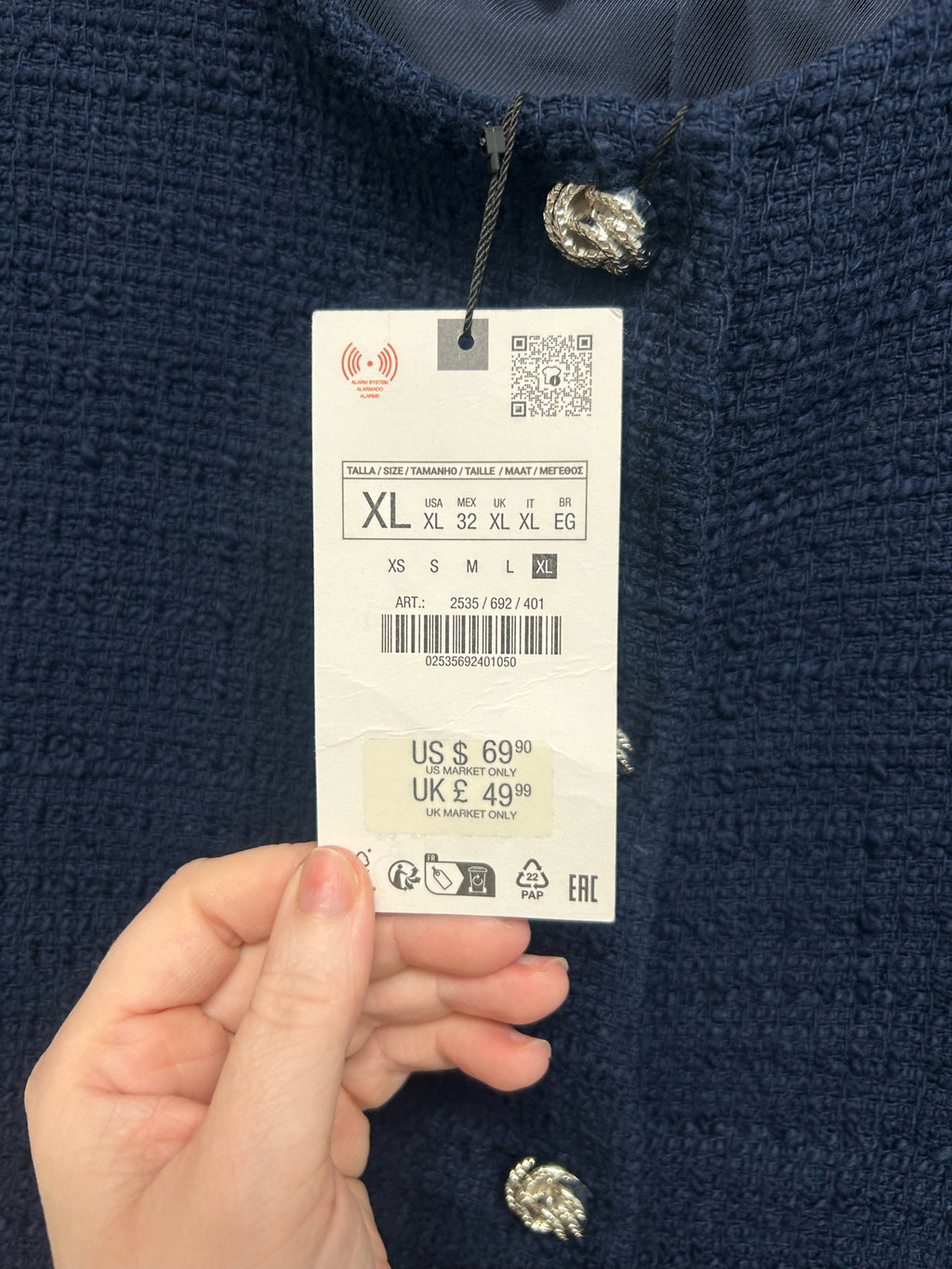 NWT ZARA NAVY BLUE BOUCLE SHORT TWEED BLAZER SIZE X-LARGE