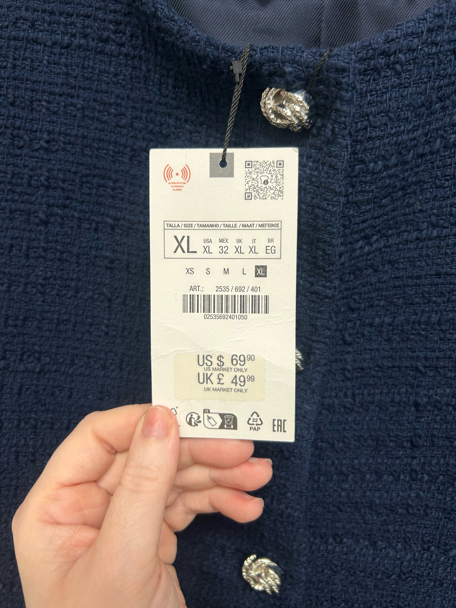 NWT ZARA NAVY BLUE BOUCLE SHORT TWEED BLAZER SIZE X-LARGE