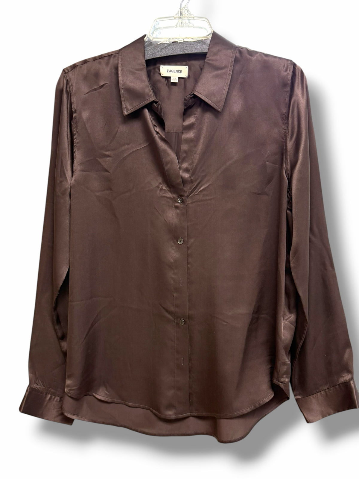 L'AGENCE CHOCOLATE BROWN TYLER SATIN SILK BUTTON DOWN BLOUSE SIZE MEDIUM