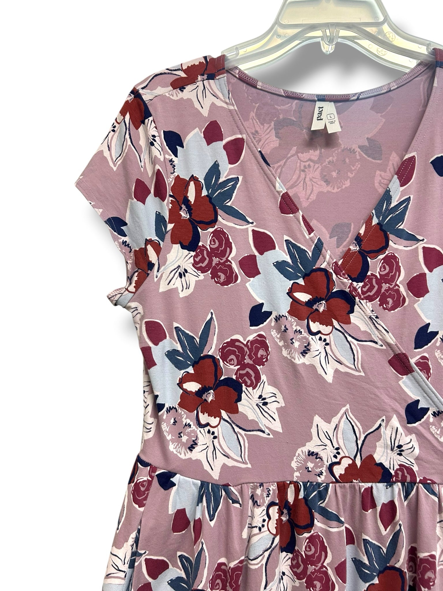 PACT WOMEN'S FIT AND FLARE CROSSOVER PINK FLORAL DRESS SIZE L