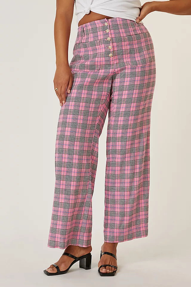 ANTHROPOLOGIE MAEVE RELAXED WIDE LEG PINK PLAID TROUSERS SIZE 6
