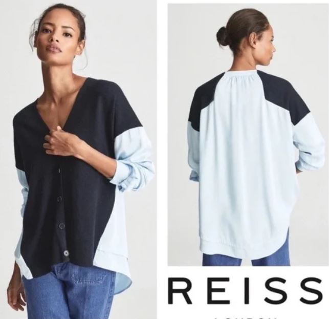 REISS ADDISON COLOR BLOCK RELAXED HYBRID NAVY BLUE CARDIGAN SIZE 6