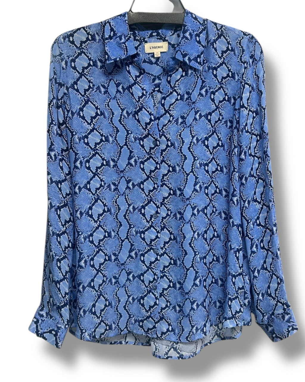 L'AGENCE NINA SILK BLOUSE PALOMA BLUE SNAKE PRINT SIZE MEDIUM