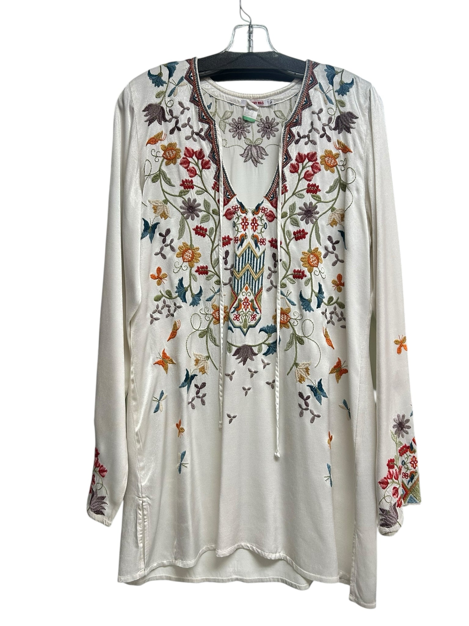 JOHNNY WAS WHITE BLOOM BOHO EMBROIDERED BLOUSE V NECK SIZE SMALL