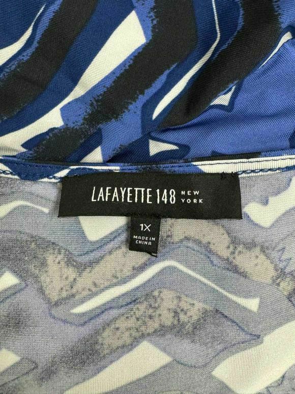 LAFAYETTE 148 FAUX WRAP PRINT BLUE/WHITE DRESS SIZE 1X