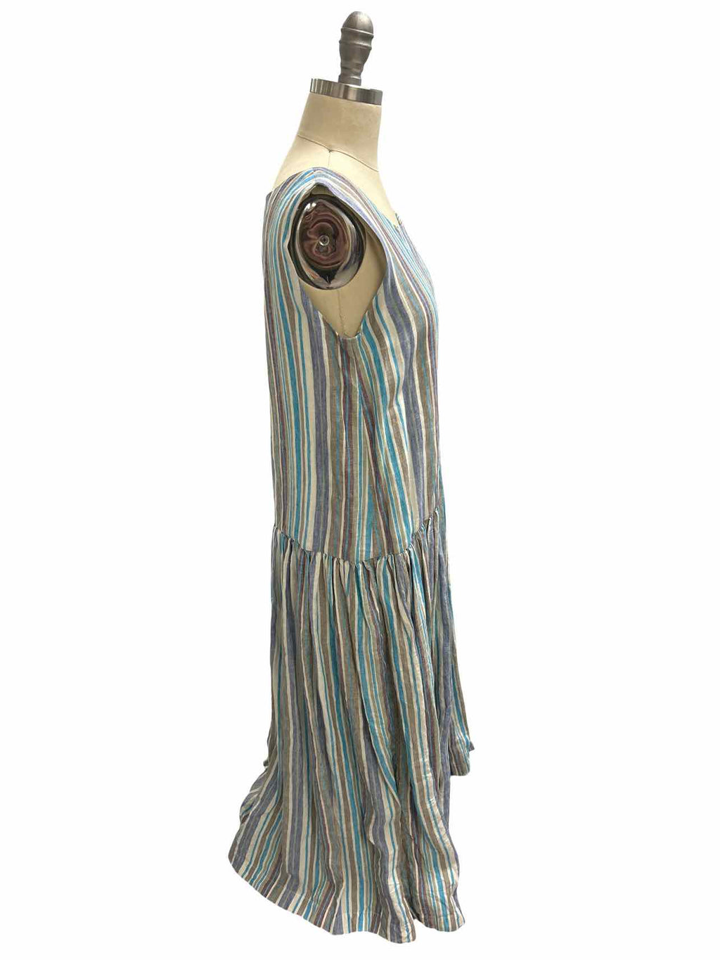 RICORRROBE  VERTICAL STRIPE LINEN DROP WAIST DRESS SIZE: S