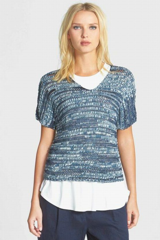 EILEEN FISHER NWT! KNIT V-NECK OPEN BLUE KNIT TOP SIZE L