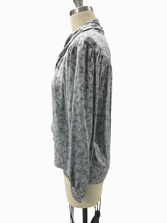 SAINT LAURENT VINTAGE PAISLEY SILK JACQUARD PUSSY BOW BLOUSE SIZE: 38