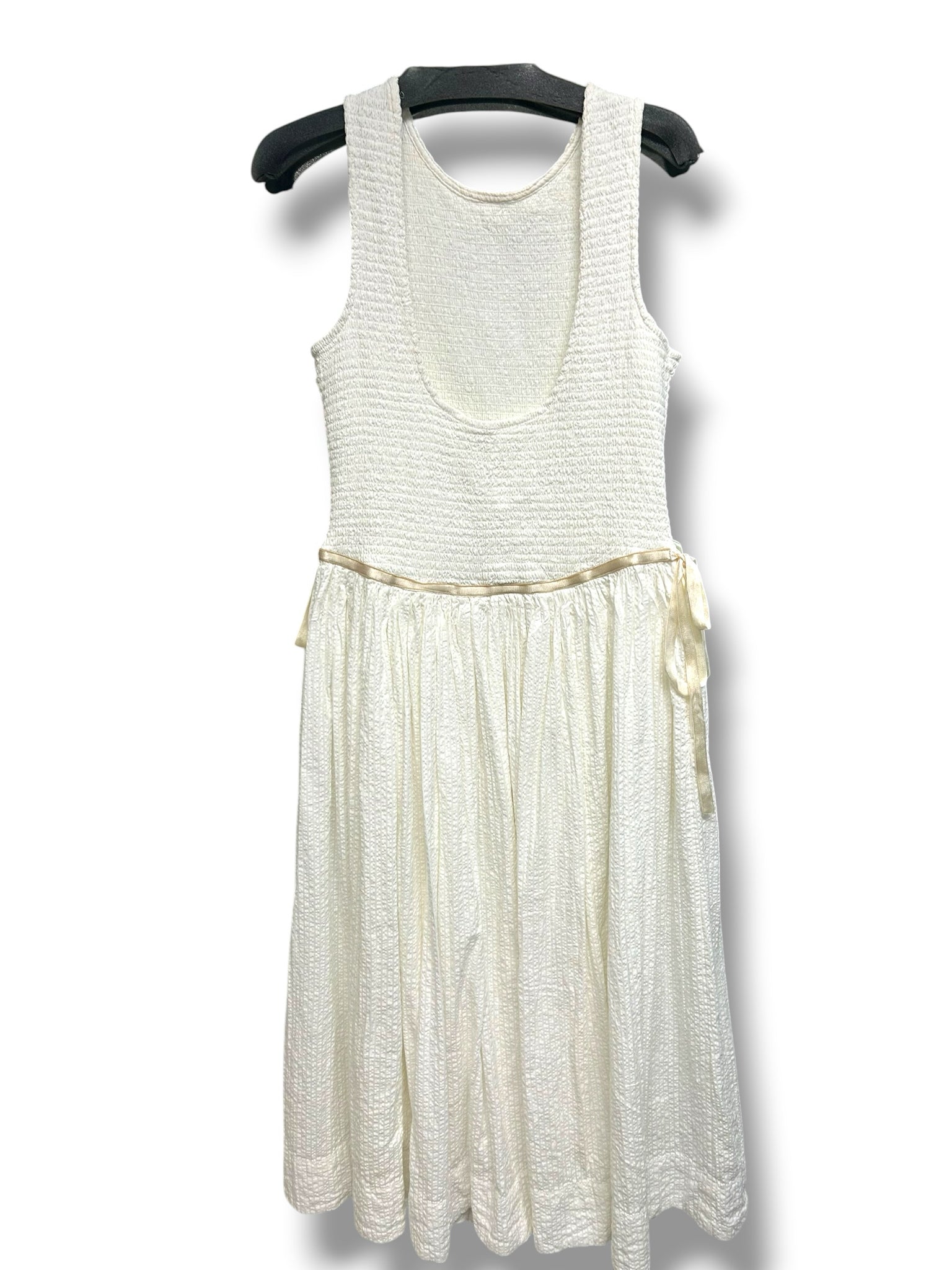 FREE PEOPLE SMOCKED SEERSUCKER NIGHTINGALE MIDI WHITE DRESS SIZE SMALL