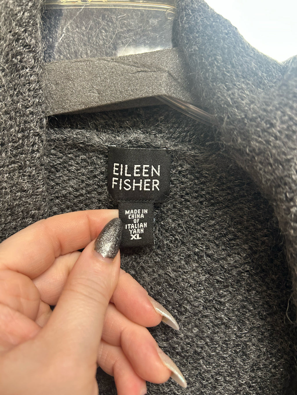 EILEEN FISHER GRAY KNIT WOOL/MOHAIR OPEN FRONT HOODED CARDIGAN SIZE XL