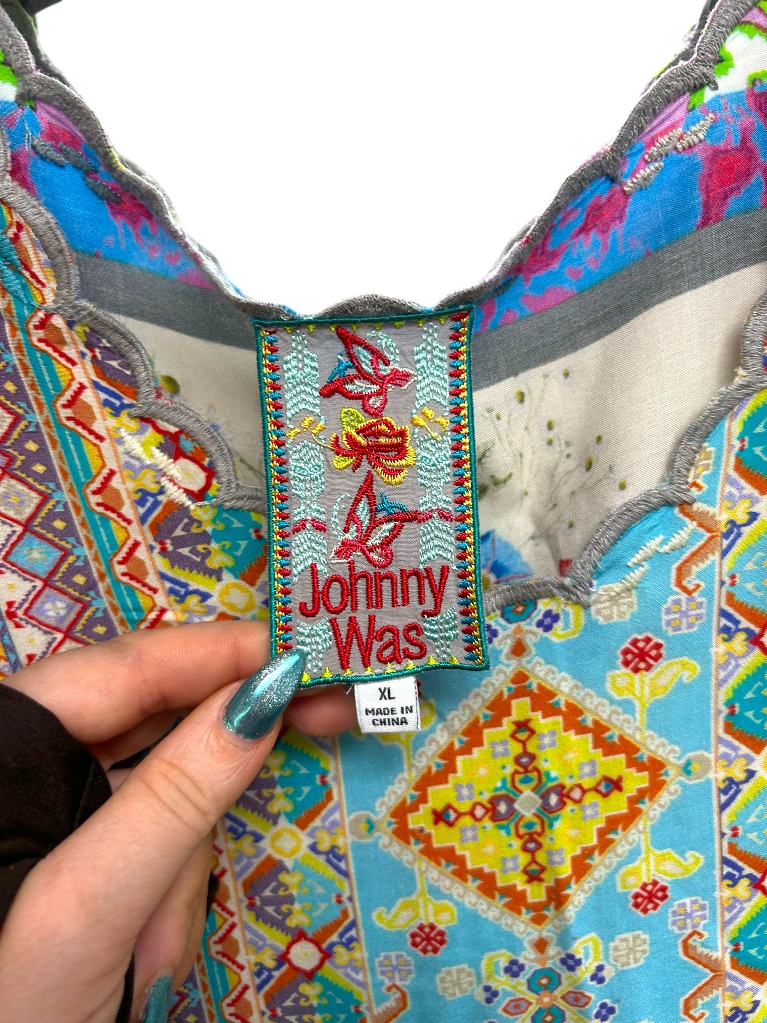 JOHNNY WAS STELLA FLARE SLEEVE BOHO MULTI PRINT BLOUSE SIZE XL
