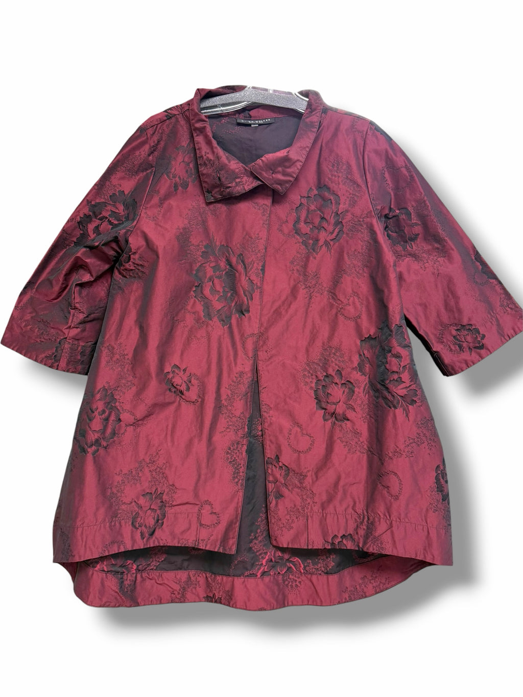 BRYN WALKER ART TO WEAR BURGUNDY JACQUARD SATIN TOPPER JACKET SIZE SMALL