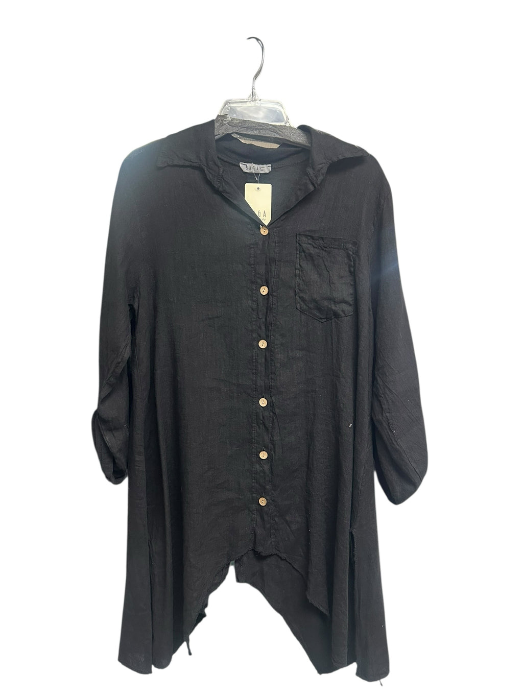 NWT SAGA LINEN BUTTON DOWN ASSYMETRICAL LAGENLOOK HEM TUNIC ONE SIZE