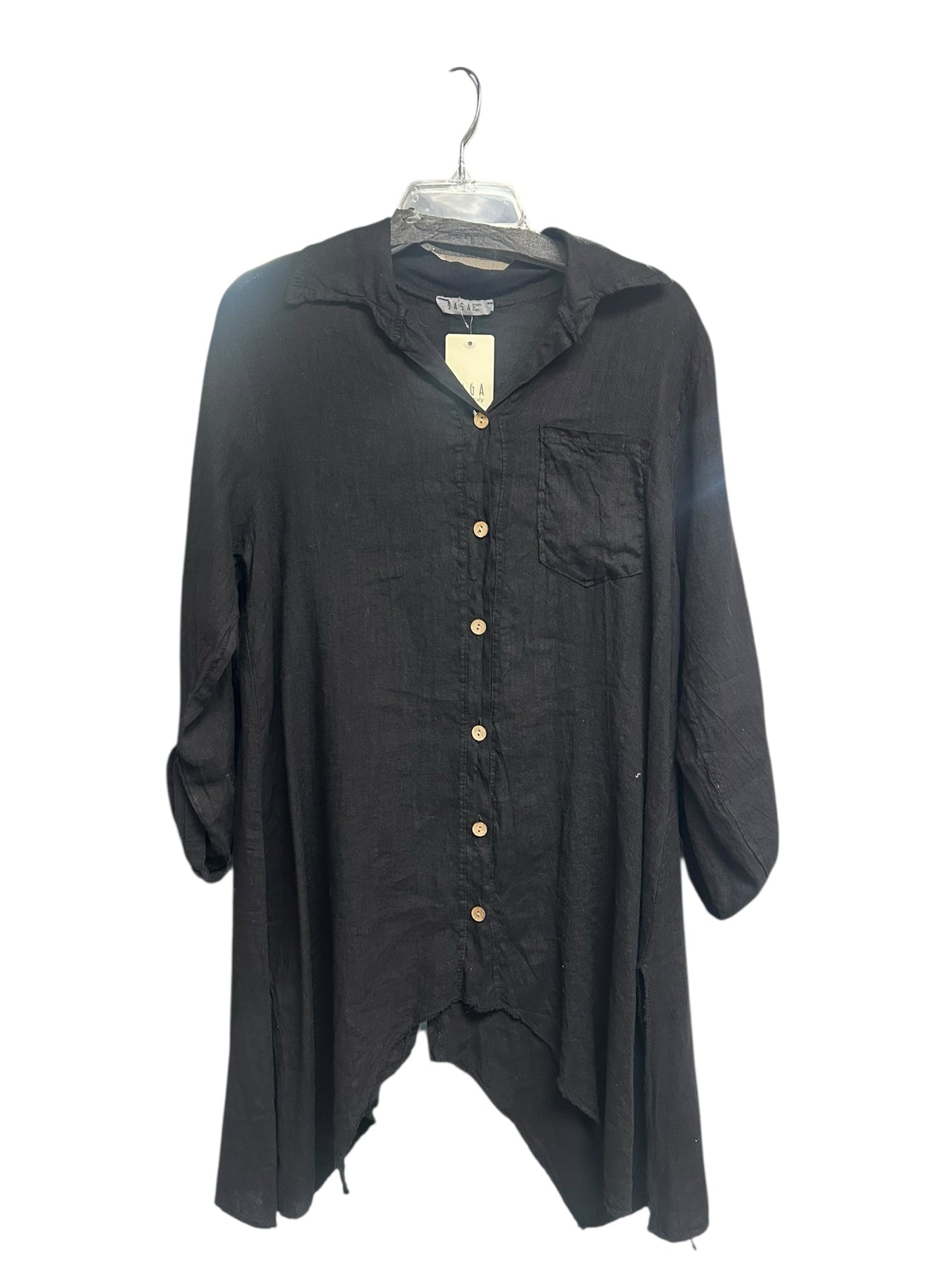 NWT SAGA LINEN BUTTON DOWN ASSYMETRICAL LAGENLOOK HEM TUNIC ONE SIZE