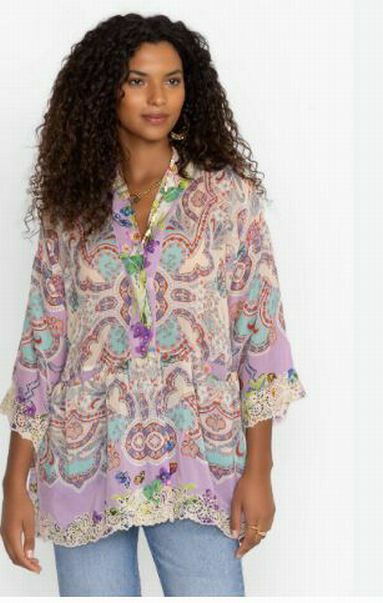 JOHNNY WAS KIMONO TUNIC GREENRIDGE FLORAL BUTTERFLY LACE TRIM SIZE SMALL