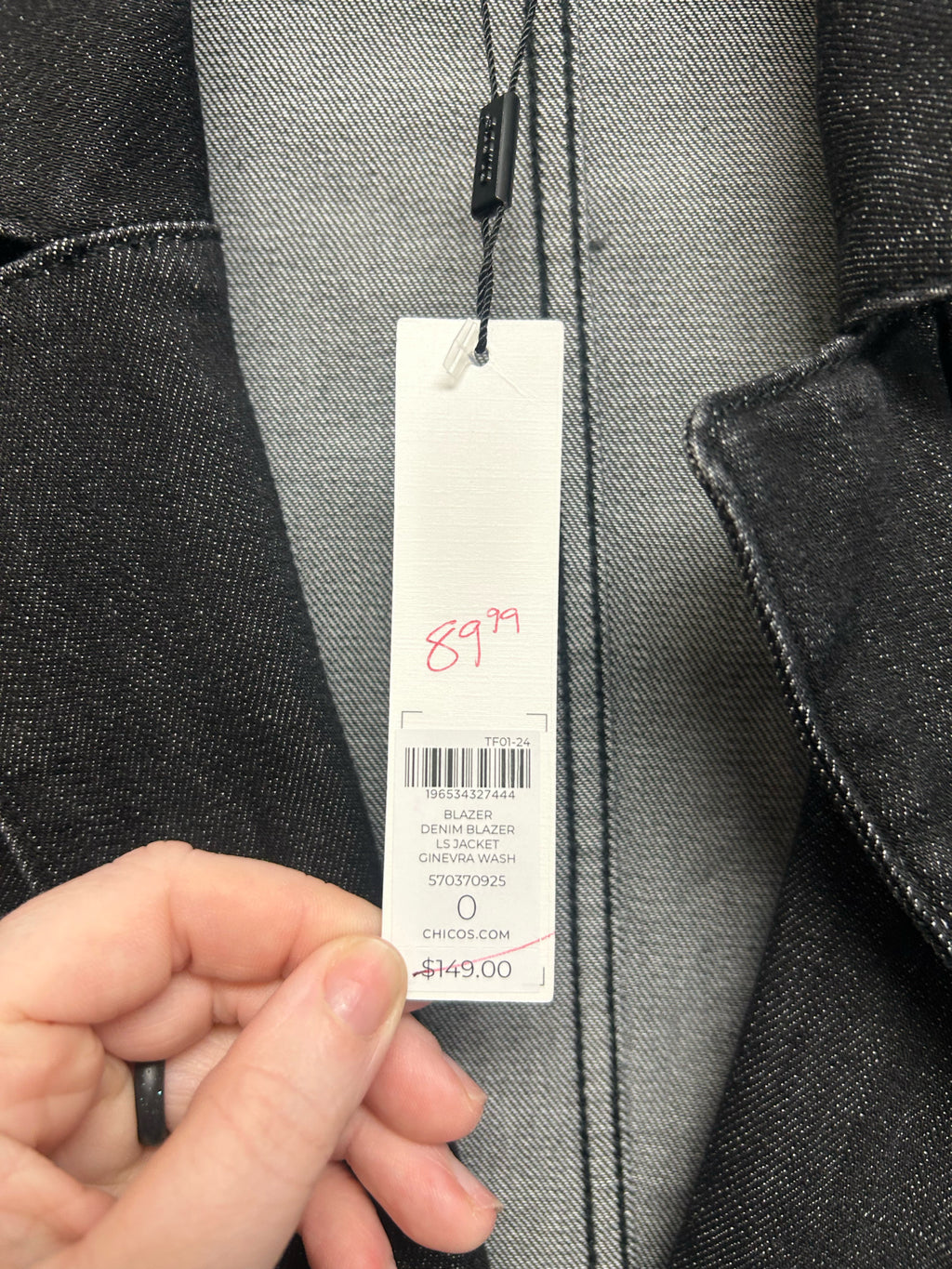 NWT CHICO'S BLACK STRETCH DENIM SINGLE BUTTON BLAZER SIZE 0 US SMALL