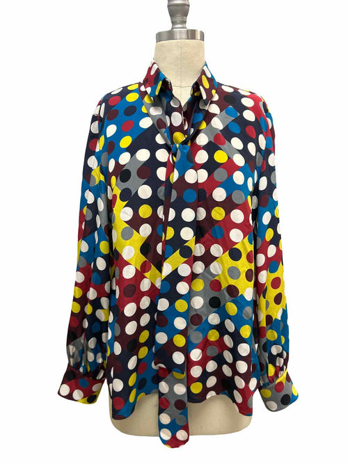 AKRIS DIAMOND POLKA DOT TIE NECK SILK BLOUSE SIZE: 10