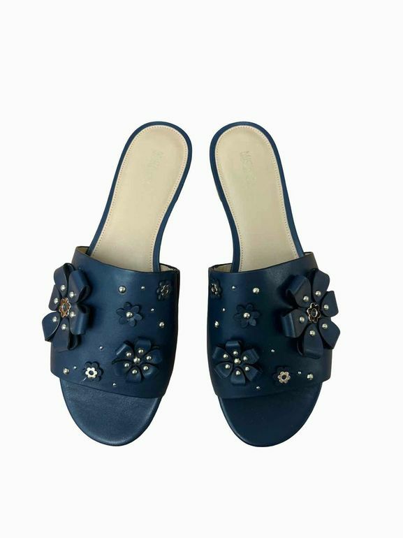 MICHAEL KORS TARA LEATHER APPLIQUE SLIDE NAVY 10