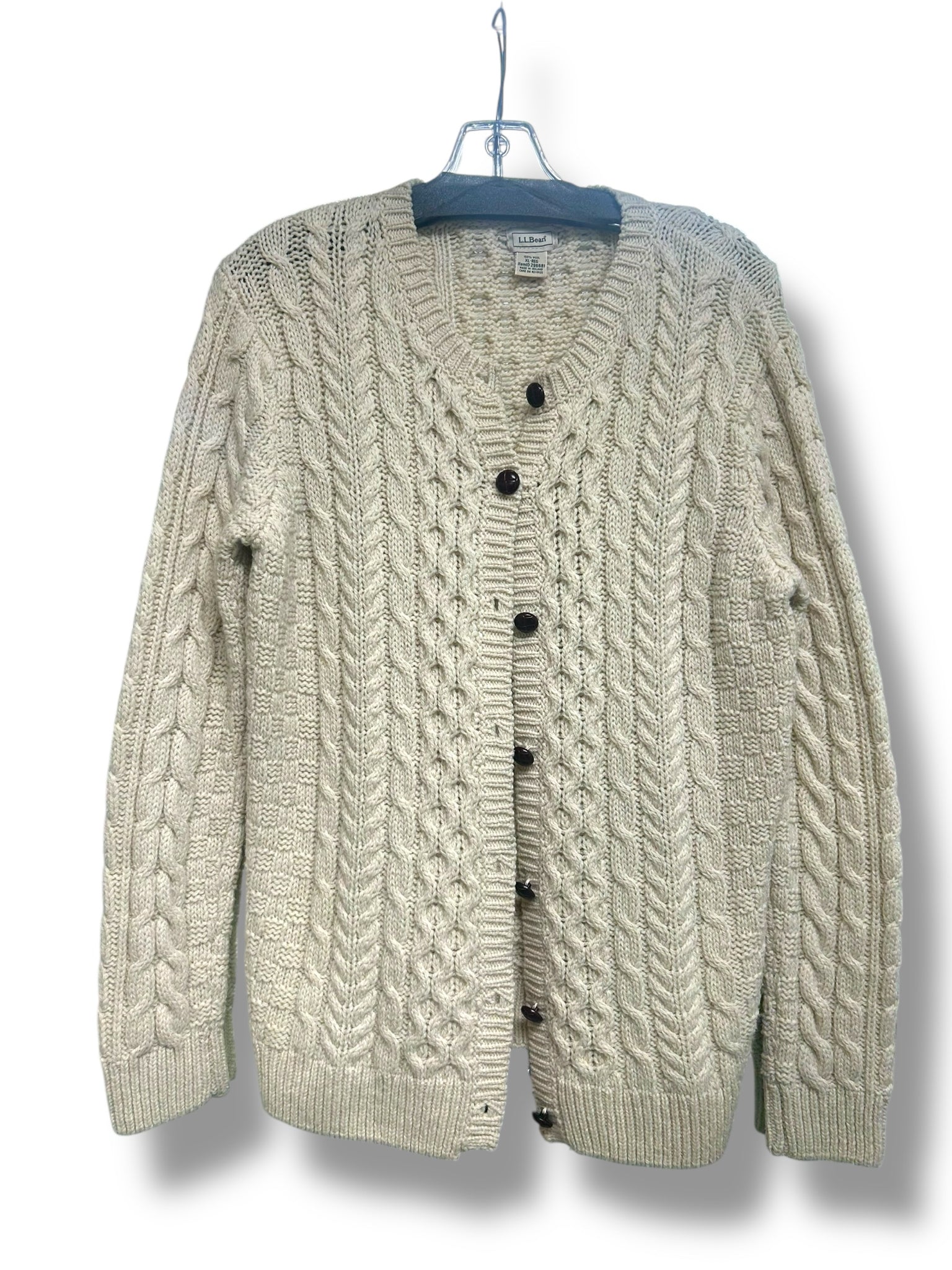 LL BEAN WOOL CABLE KNIT MADE IN IRELAND CREAM BUTTON FRONT CARDI SIZE XL
