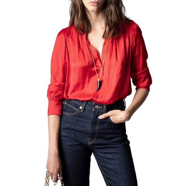 ZADIG & VOLTAIRE TINK BRIGHT RED V NECK BUTTON DOWN BLOUSE SIZE MEDIUM