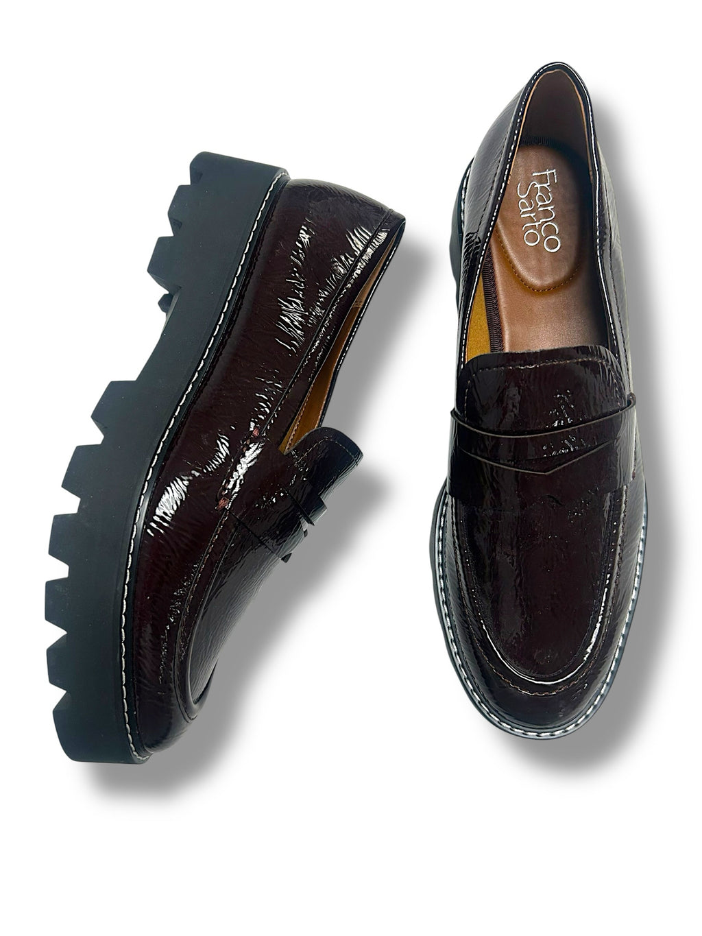 FRANCO SARTO BALIN PATENT LUG SOLE BURGUNDY PLATFORM LOAFERS SIZE 10