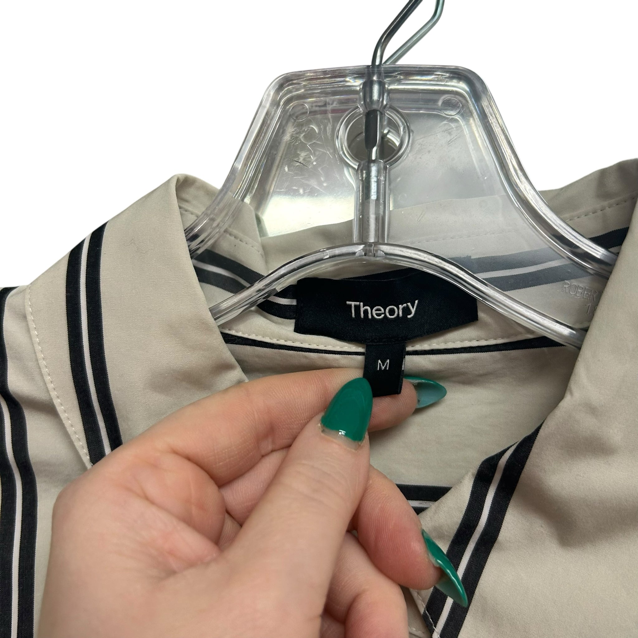 THEORY MENSWEAR BUTTON DOWN VENTURA STRIPE BLOUSE SIZE MEDIUM