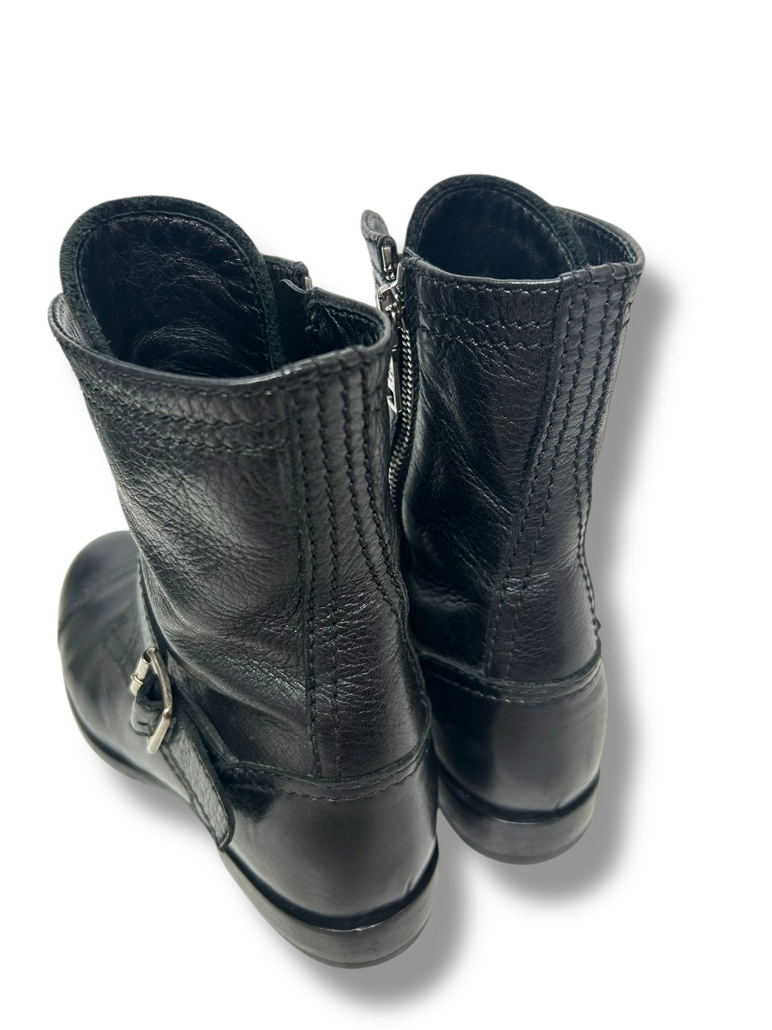 PRADA BLACK BUCKLE LEATHER COMBAT BOOT SIZE 38