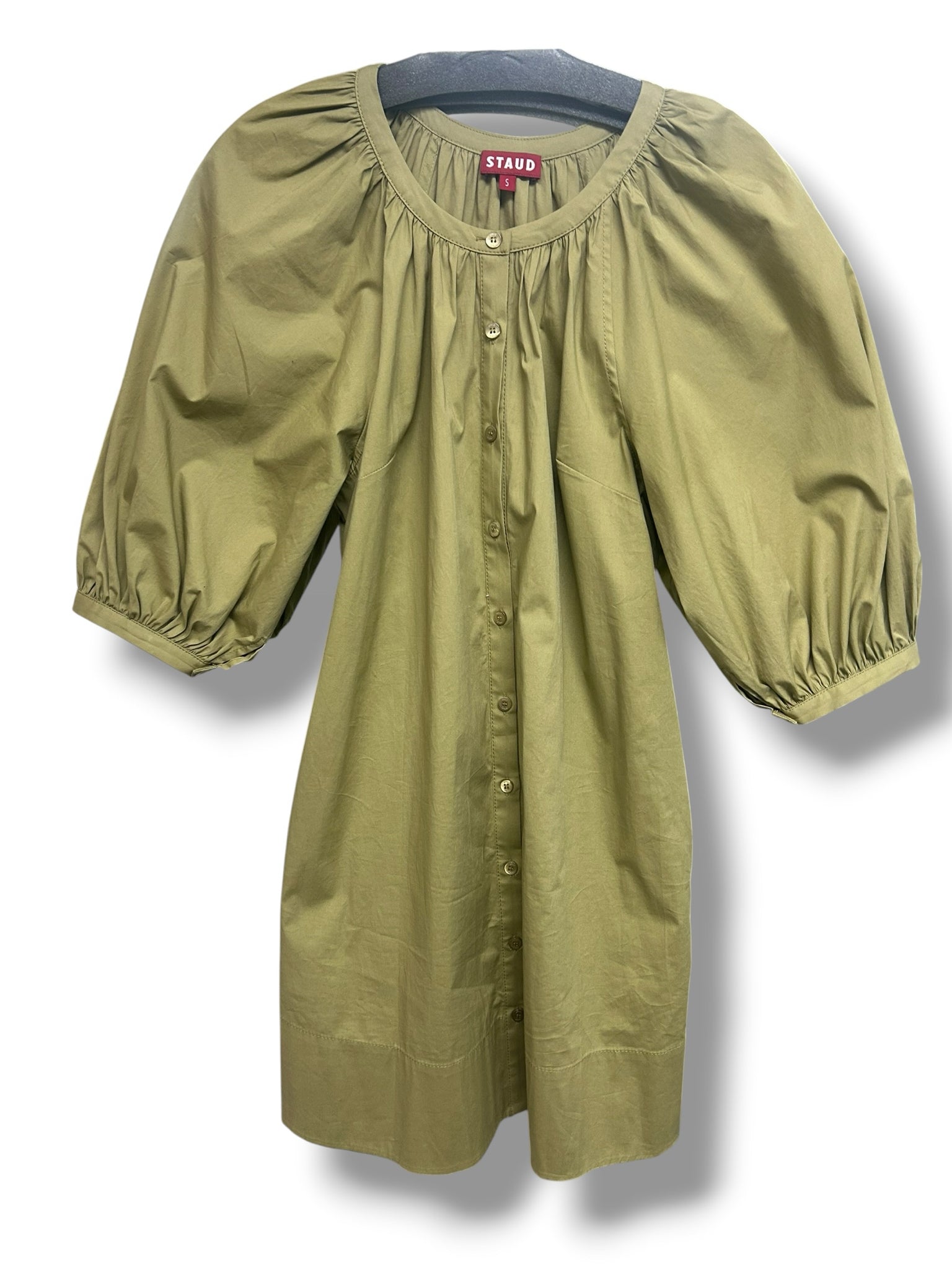 STAUD MINI VINCENT KHAKI BALLOON SLEEVES OLIVE GREEN DRESS SIZE SMALL