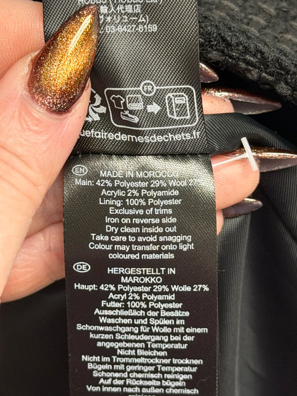 HOBBS LONDON EVANGELINE TWEED BLACK CAR COAT SIZE 12