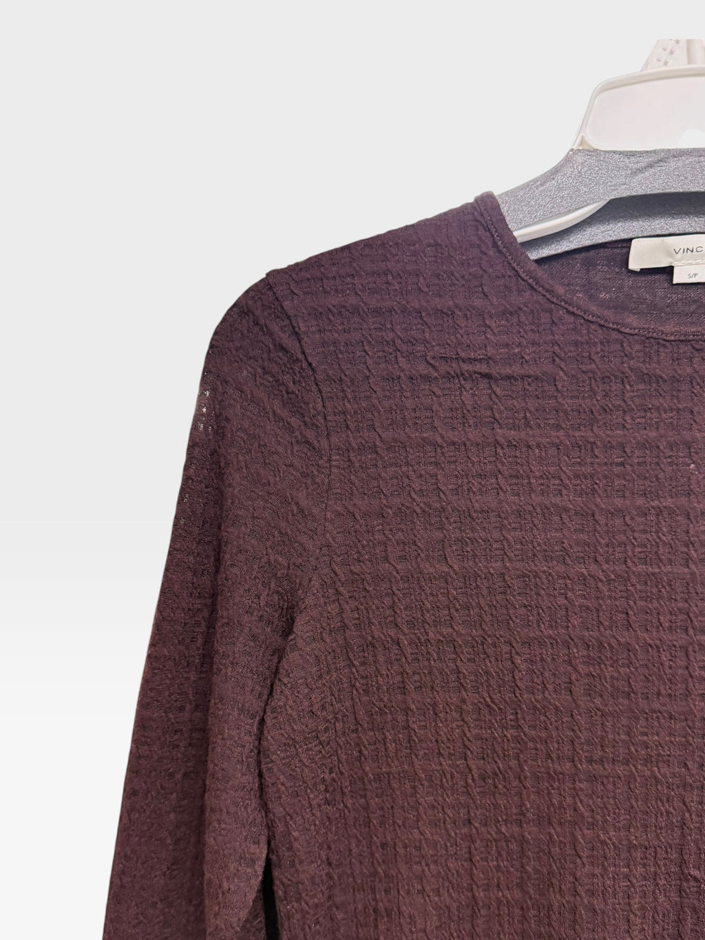 VINCE SHADOW GRID BROWN FIG WOOL BLEND KNIT LONG SLEEVE TOP SIZE SMALL