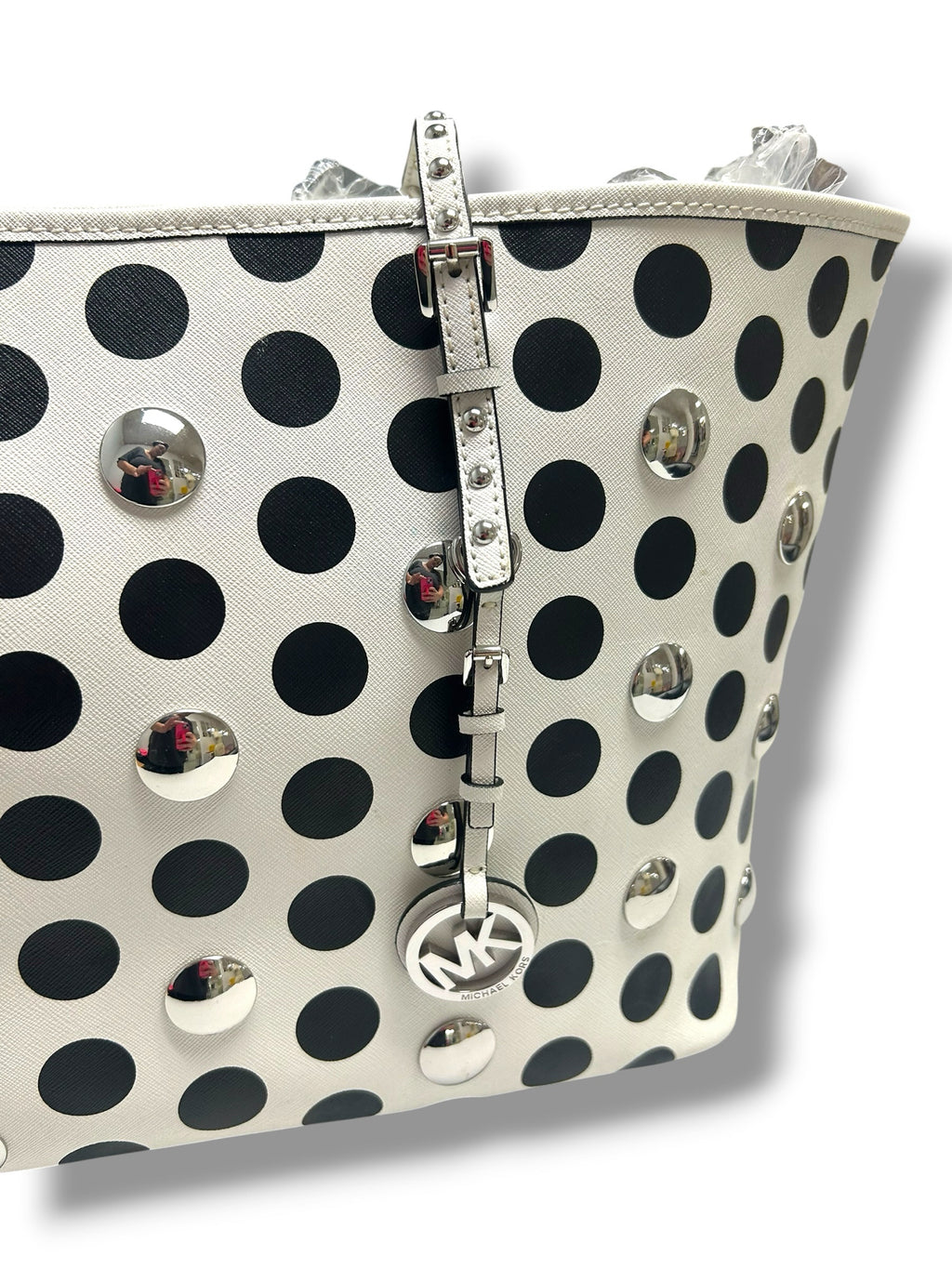 MICHAEL KORS JET SET POLKA DOT SILVER STUDDED TRAVEL BLACK WHITE TOTE